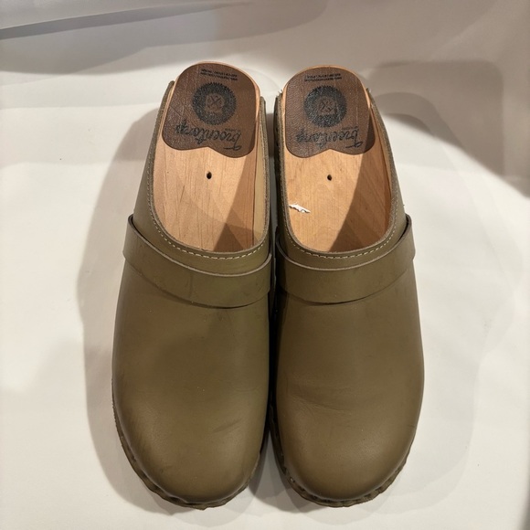 TROENTORP Sz 38 Olive Green Leather Wooden Soles Slip On Clogs - Picture 3 of 12